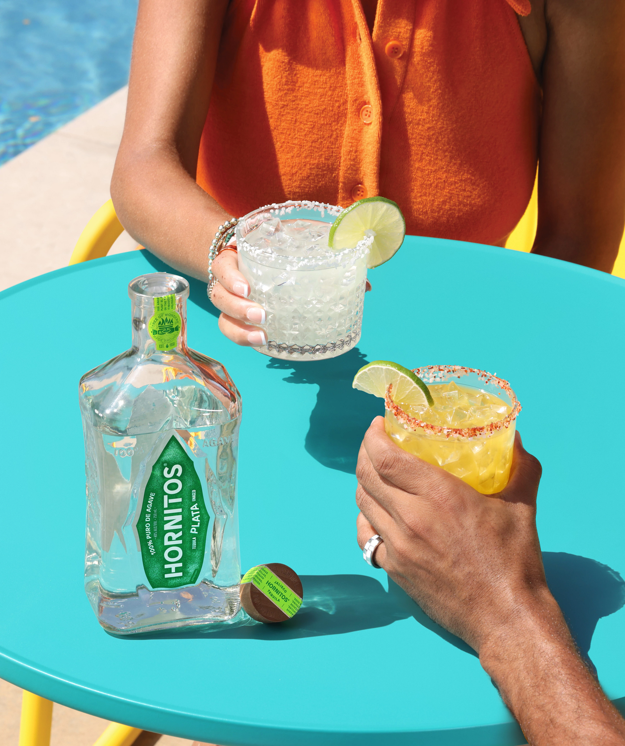 Friends Toasting Margaritas Poolside Tequila Bottle Hornitos