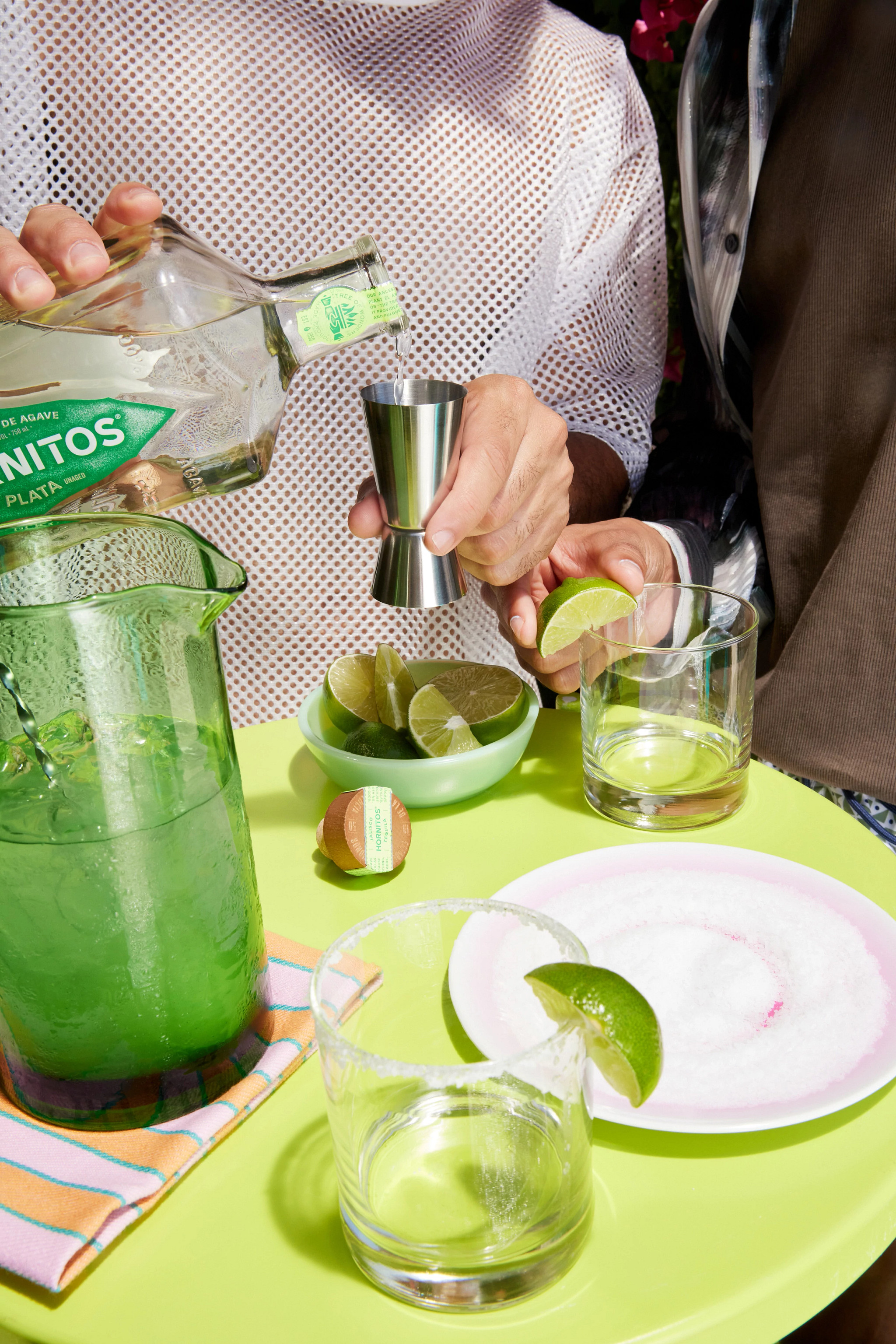 Hands Pouring Tequila Bottle Jigger Lime Preparation Hornitos