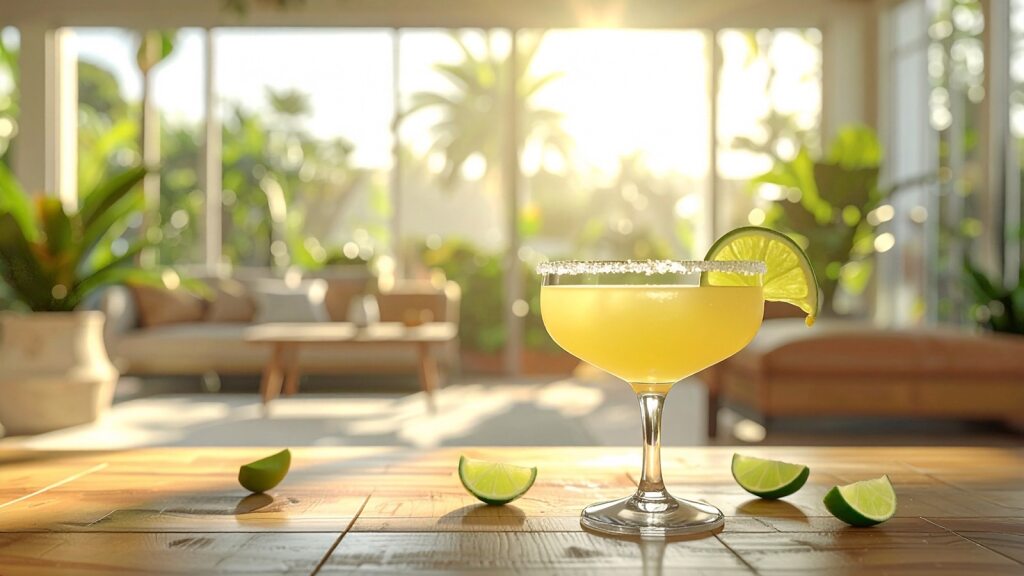 Tequila Cocktail Coupe Glass Salt Rim Lime Wedges Sunlit Interior Hornitos
