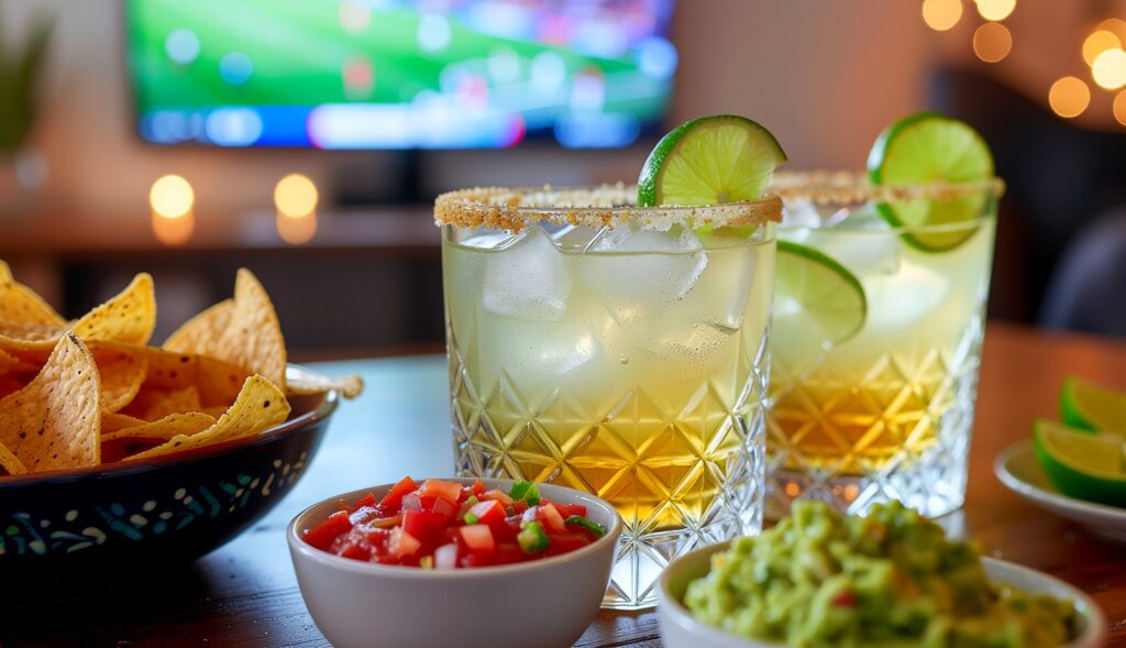 Tequila Cocktails Rocks Glasses Ice Lime Salt Rim Chips Dips Sports Viewing Hornitos