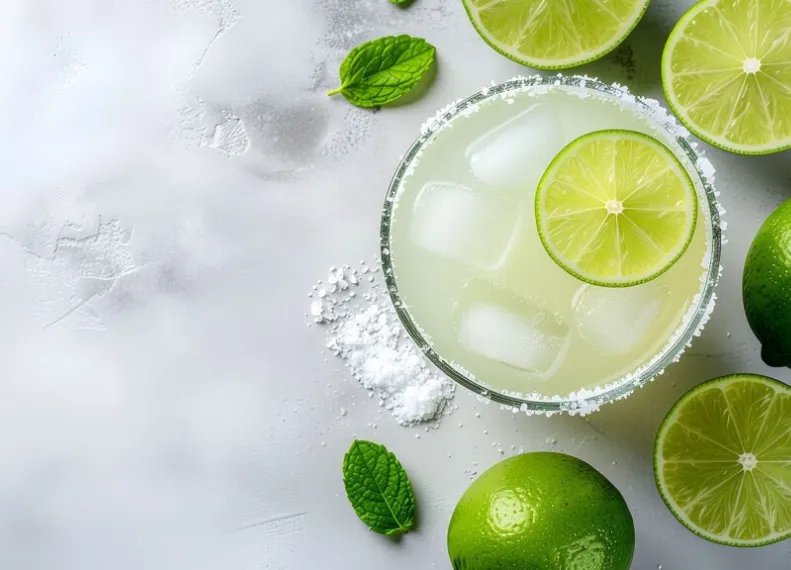 Tequila Cocktail Salt Rim Lime Slices Ice Mint Hornitos