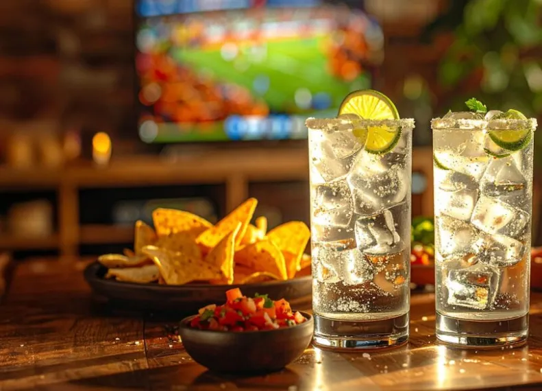Tequila Highball Glasses Ice Lime Garnish Tortilla Chips Sports Viewing Hornitos