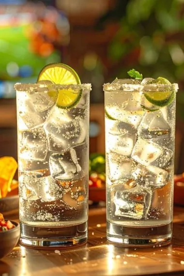 Tequila Highball Glasses Ice Lime Garnish Tortilla Chips Sports Viewing Hornitos