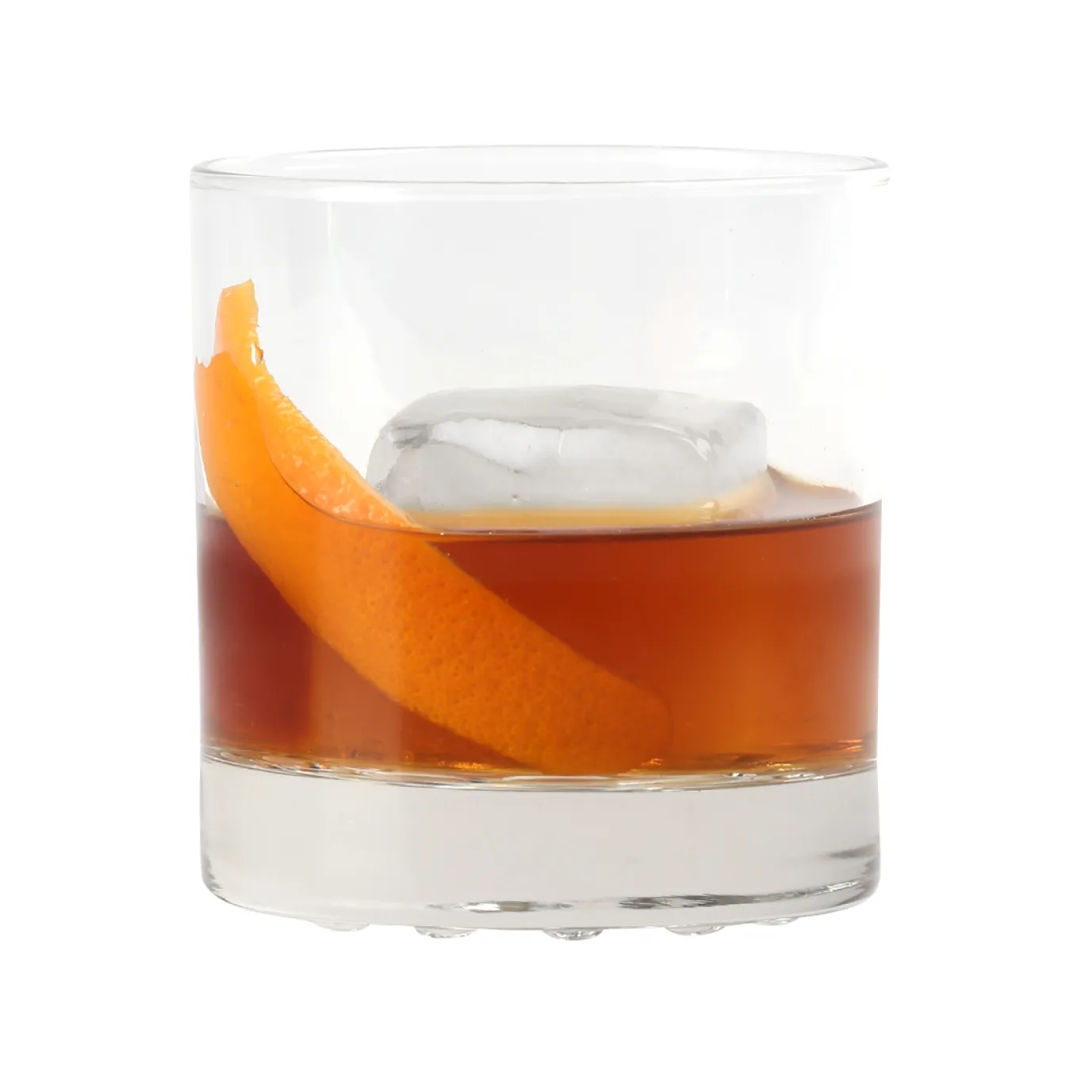 Image of a glass half filled with Old Fashioned Cocktail with garnishing of Orange peel