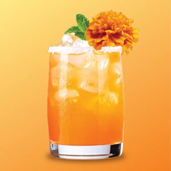 A refreshing orange cocktail with ice, garnished with a marigold flower and mint, against a vibrant orange background.