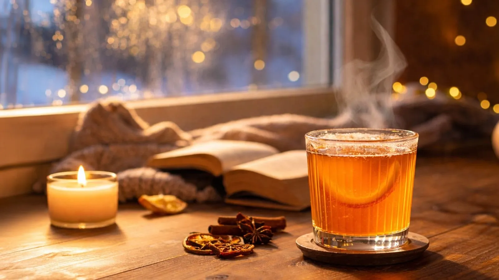 Hot Toddy Cocktail Cozy Table Steam Orange Slice Candle Book Hornitos