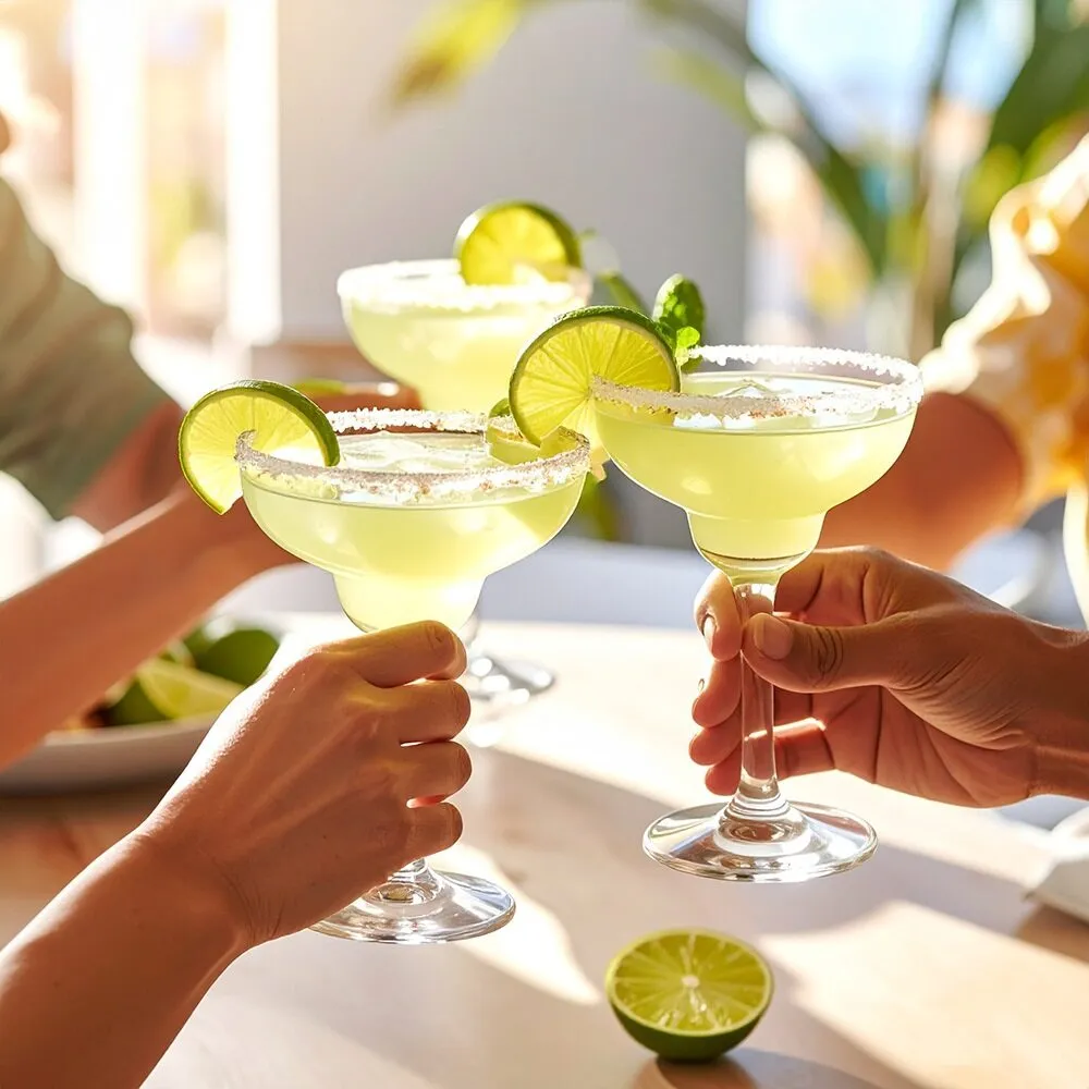Friends Toasting Tequila Cocktails Salt Rims Lime Slices Sunlit Setting Hornitos
