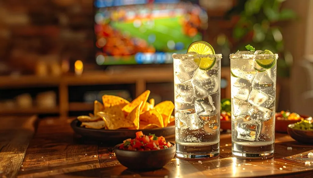 Tequila Highball Glasses Ice Lime Garnish Tortilla Chips Sports Viewing Hornitos