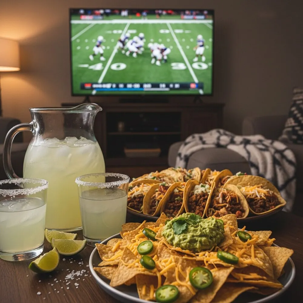 Football Viewing Tequila Pitcher Salt Rim Glasses Tacos Nachos Guacamole Hornitos
